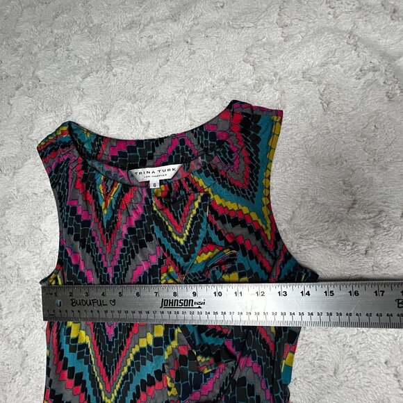 Trina Turk Women's Sleeveless Ruffle Sheath Dress Size 6 Black Abstract Multi - Picture 6 of 10